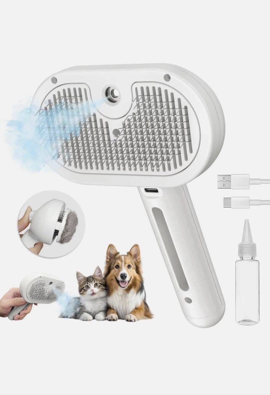 Handheld Liquid Massage Pet Grooming Brush w/ Spray Function, USB, White